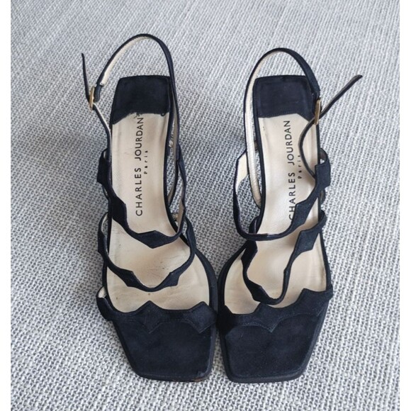 Designer Charles Jourdan Paris Vintage Black Suede Strappy Heels Sandals 8.5 - Picture 1 of 11